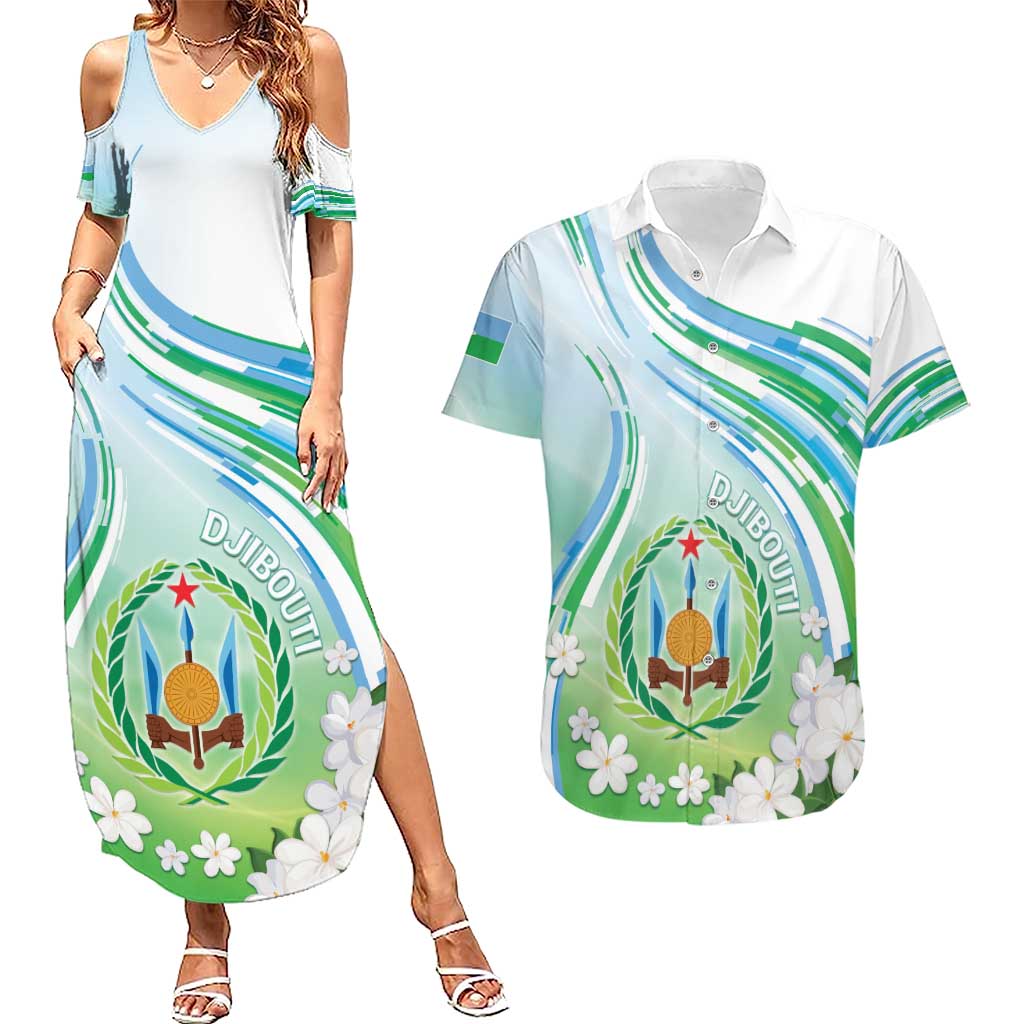 Personalised Djibouti Couples Matching Summer Maxi Dress and Hawaiian Shirt Jabuuti Emblem With Jasmine