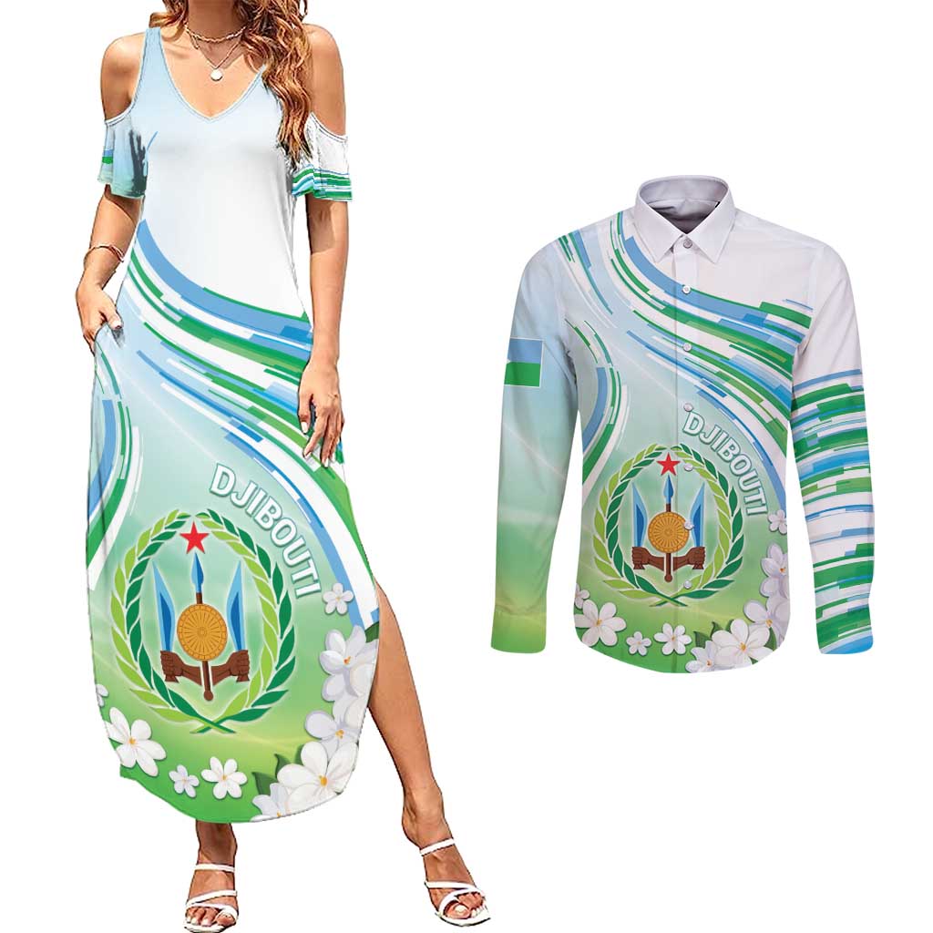 Personalised Djibouti Couples Matching Summer Maxi Dress and Long Sleeve Button Shirt Jabuuti Emblem With Jasmine