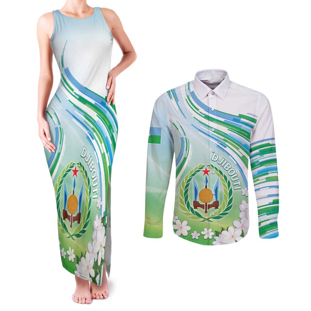 Personalised Djibouti Couples Matching Tank Maxi Dress and Long Sleeve Button Shirt Jabuuti Emblem With Jasmine