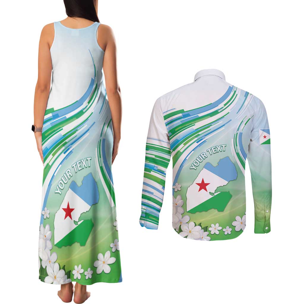 Personalised Djibouti Couples Matching Tank Maxi Dress and Long Sleeve Button Shirt Jabuuti Emblem With Jasmine