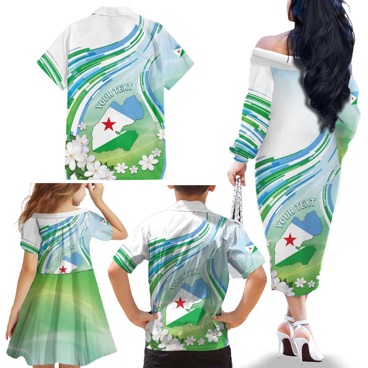 Personalised Djibouti Family Matching Off The Shoulder Long Sleeve Dress and Hawaiian Shirt Jabuuti Emblem With Jasmine