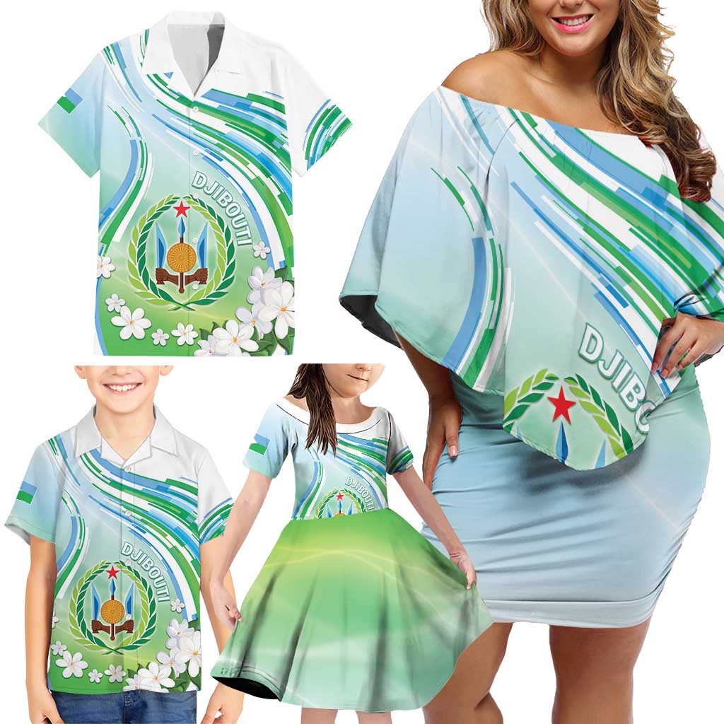 Personalised Djibouti Family Matching Off Shoulder Short Dress and Hawaiian Shirt Jabuuti Emblem With Jasmine