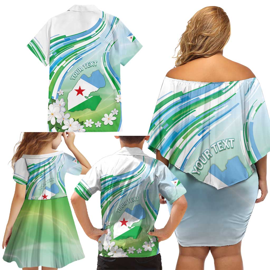 Personalised Djibouti Family Matching Off Shoulder Short Dress and Hawaiian Shirt Jabuuti Emblem With Jasmine