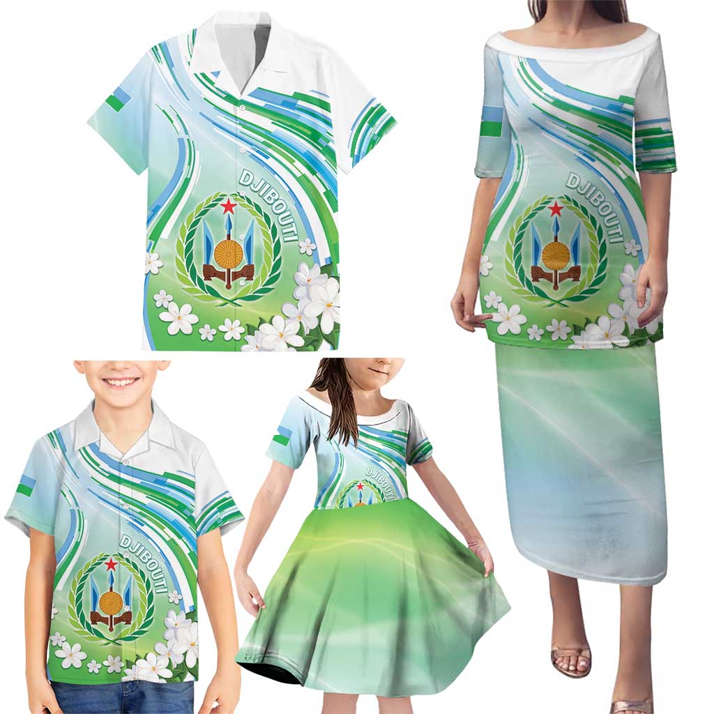 Personalised Djibouti Family Matching Puletasi and Hawaiian Shirt Jabuuti Emblem With Jasmine