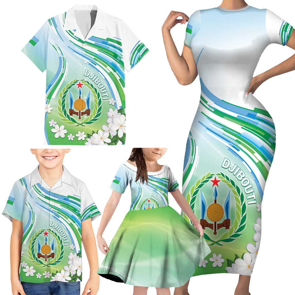 Personalised Djibouti Family Matching Short Sleeve Bodycon Dress and Hawaiian Shirt Jabuuti Emblem With Jasmine