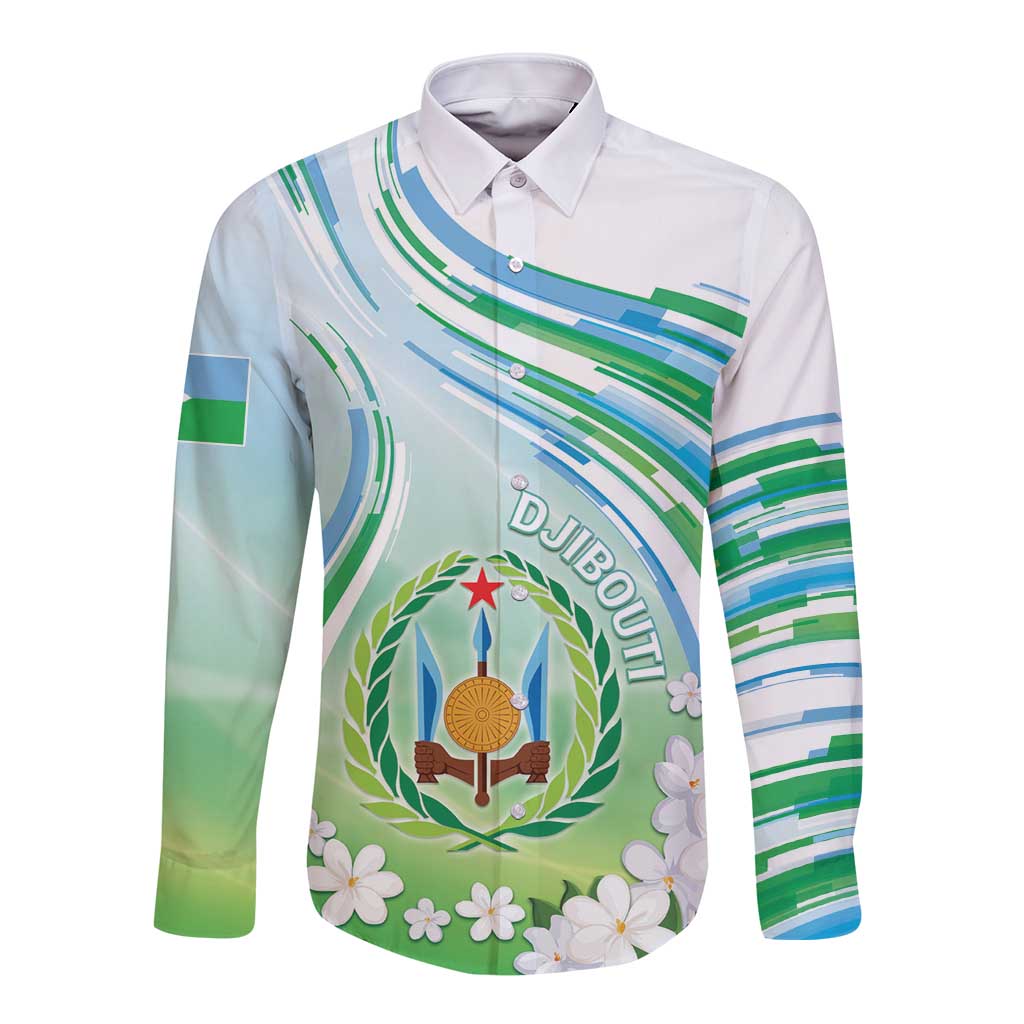 Personalised Djibouti Long Sleeve Button Shirt Jabuuti Emblem With Jasmine