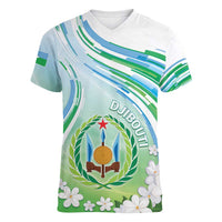 Personalised Djibouti Women V-Neck T-Shirt Jabuuti Emblem With Jasmine
