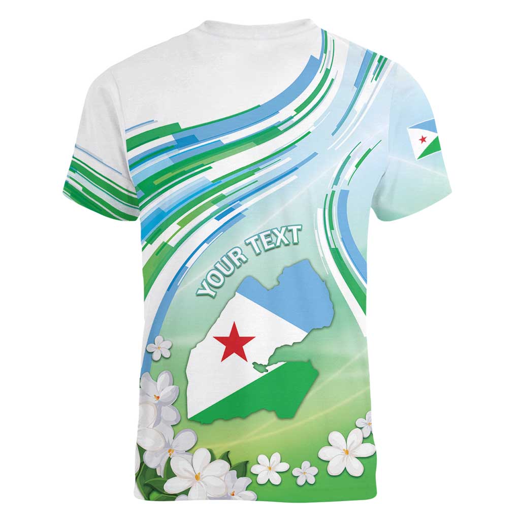 Personalised Djibouti Women V-Neck T-Shirt Jabuuti Emblem With Jasmine