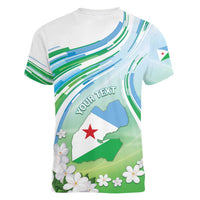 Personalised Djibouti Women V-Neck T-Shirt Jabuuti Emblem With Jasmine