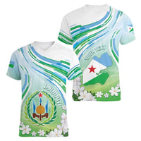 Personalised Djibouti Women V-Neck T-Shirt Jabuuti Emblem With Jasmine