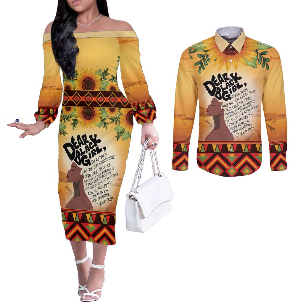 Dear Black Girl Couples Matching Off The Shoulder Long Sleeve Dress and Long Sleeve Button Shirt African Black Women Pride