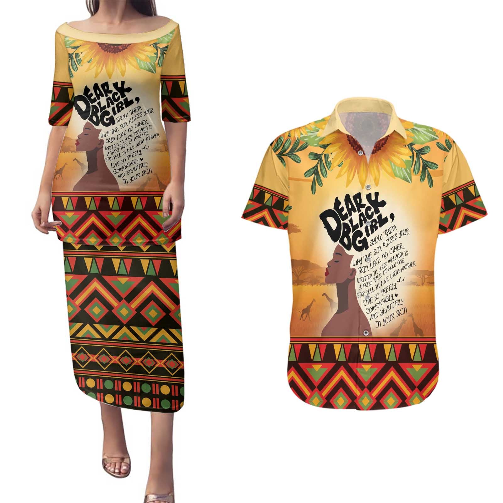 Dear Black Girl Couples Matching Puletasi and Hawaiian Shirt African Black Women Pride