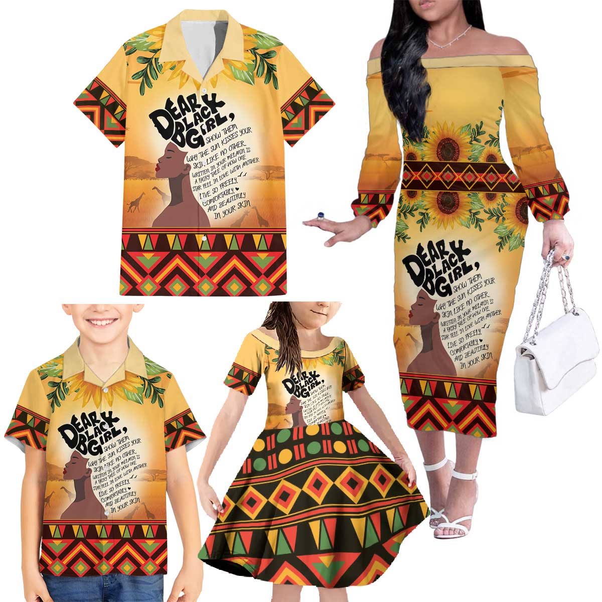 Dear Black Girl Family Matching Off The Shoulder Long Sleeve Dress and Hawaiian Shirt African Black Women Pride