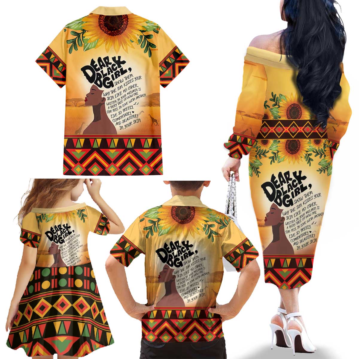 Dear Black Girl Family Matching Off The Shoulder Long Sleeve Dress and Hawaiian Shirt African Black Women Pride