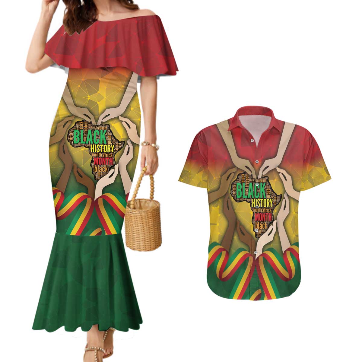 Black History Month Couples Matching Mermaid Dress and Hawaiian Shirt Africa I Am Black