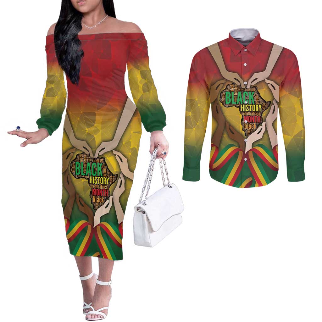 Black History Month Couples Matching Off The Shoulder Long Sleeve Dress and Long Sleeve Button Shirt Africa I Am Black