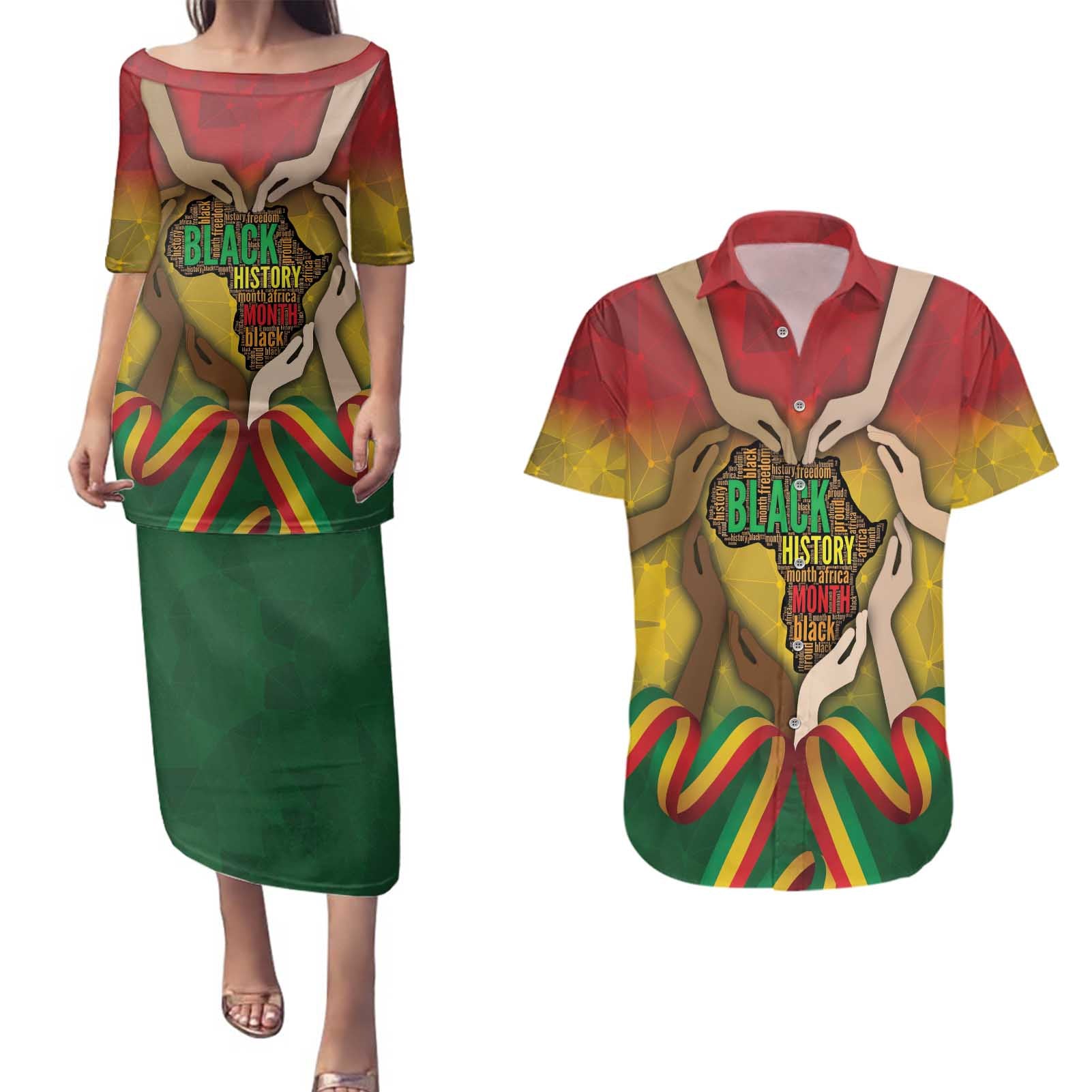 Black History Month Couples Matching Puletasi and Hawaiian Shirt Africa I Am Black
