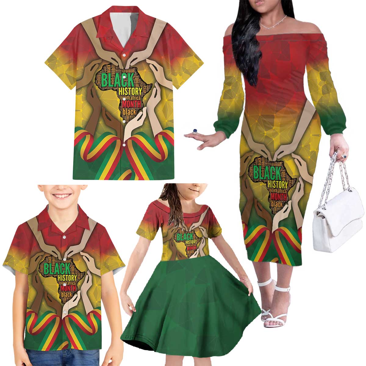 Black History Month Family Matching Off The Shoulder Long Sleeve Dress and Hawaiian Shirt Africa I Am Black