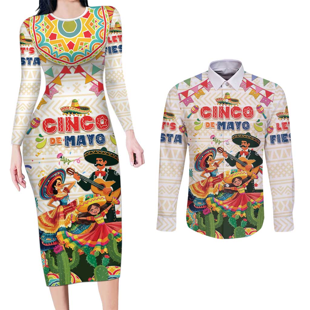 Mexico Cinco De Mayo Couples Matching Long Sleeve Bodycon Dress and Long Sleeve Button Shirt Dancing Mexican