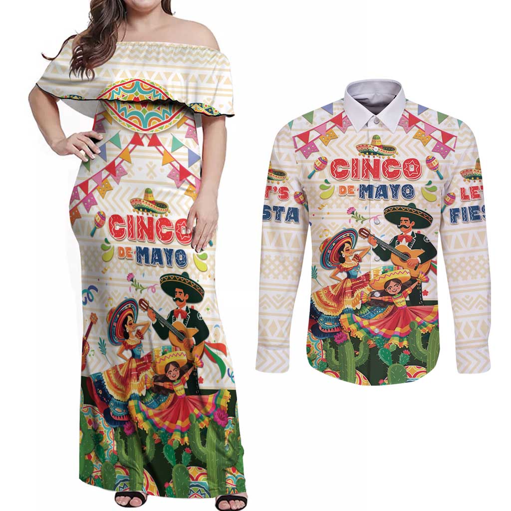 Mexico Cinco De Mayo Couples Matching Off Shoulder Maxi Dress and Long Sleeve Button Shirt Dancing Mexican