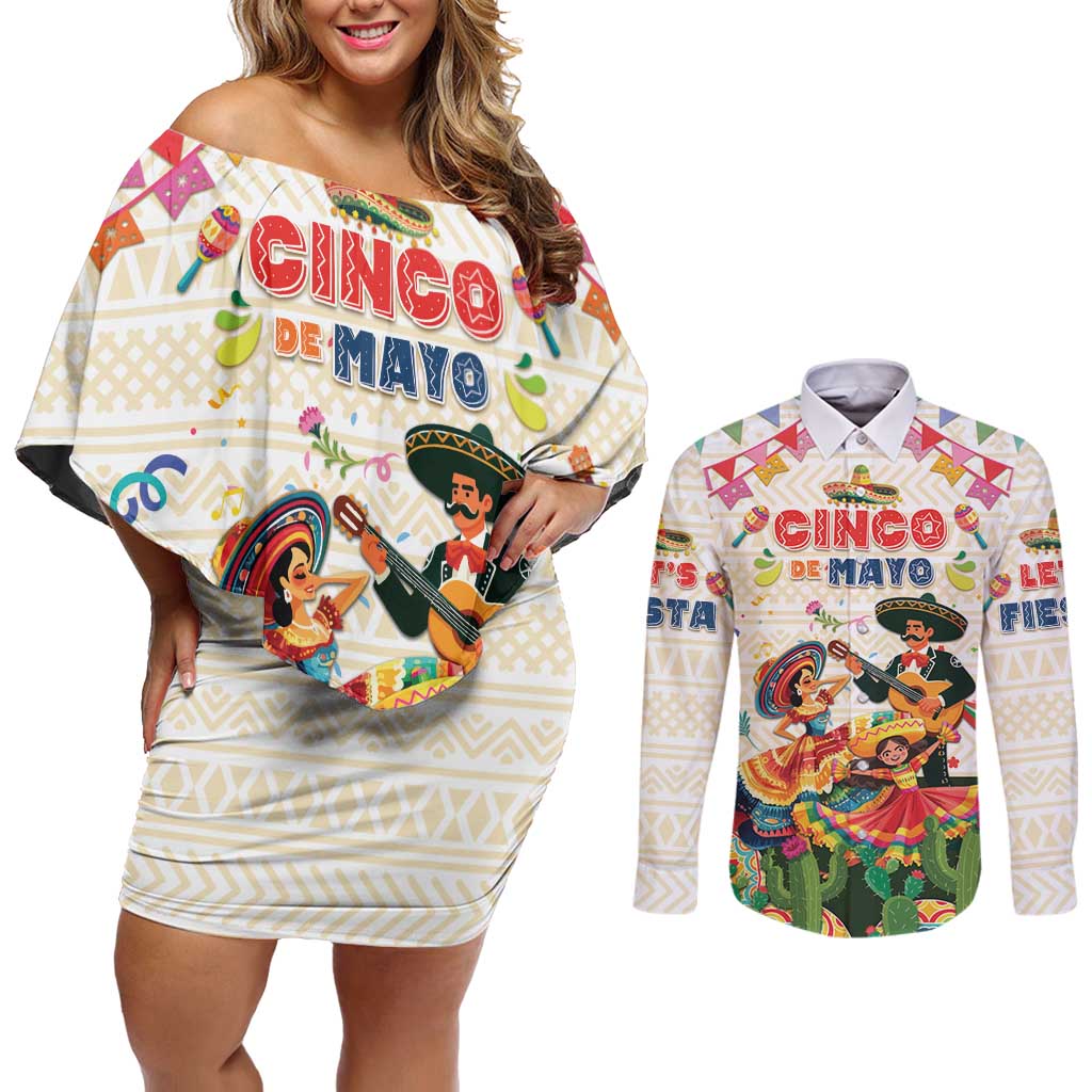 Mexico Cinco De Mayo Couples Matching Off Shoulder Short Dress and Long Sleeve Button Shirt Dancing Mexican