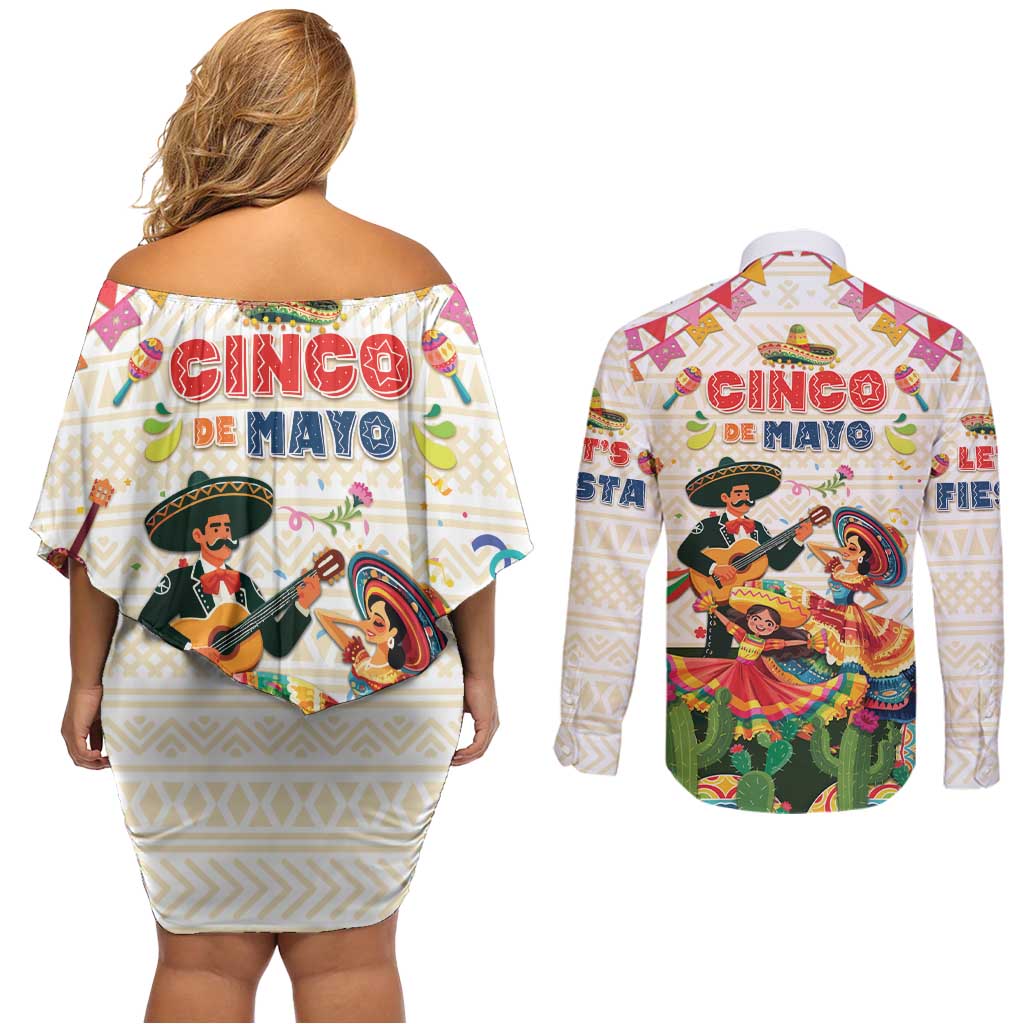 Mexico Cinco De Mayo Couples Matching Off Shoulder Short Dress and Long Sleeve Button Shirt Dancing Mexican