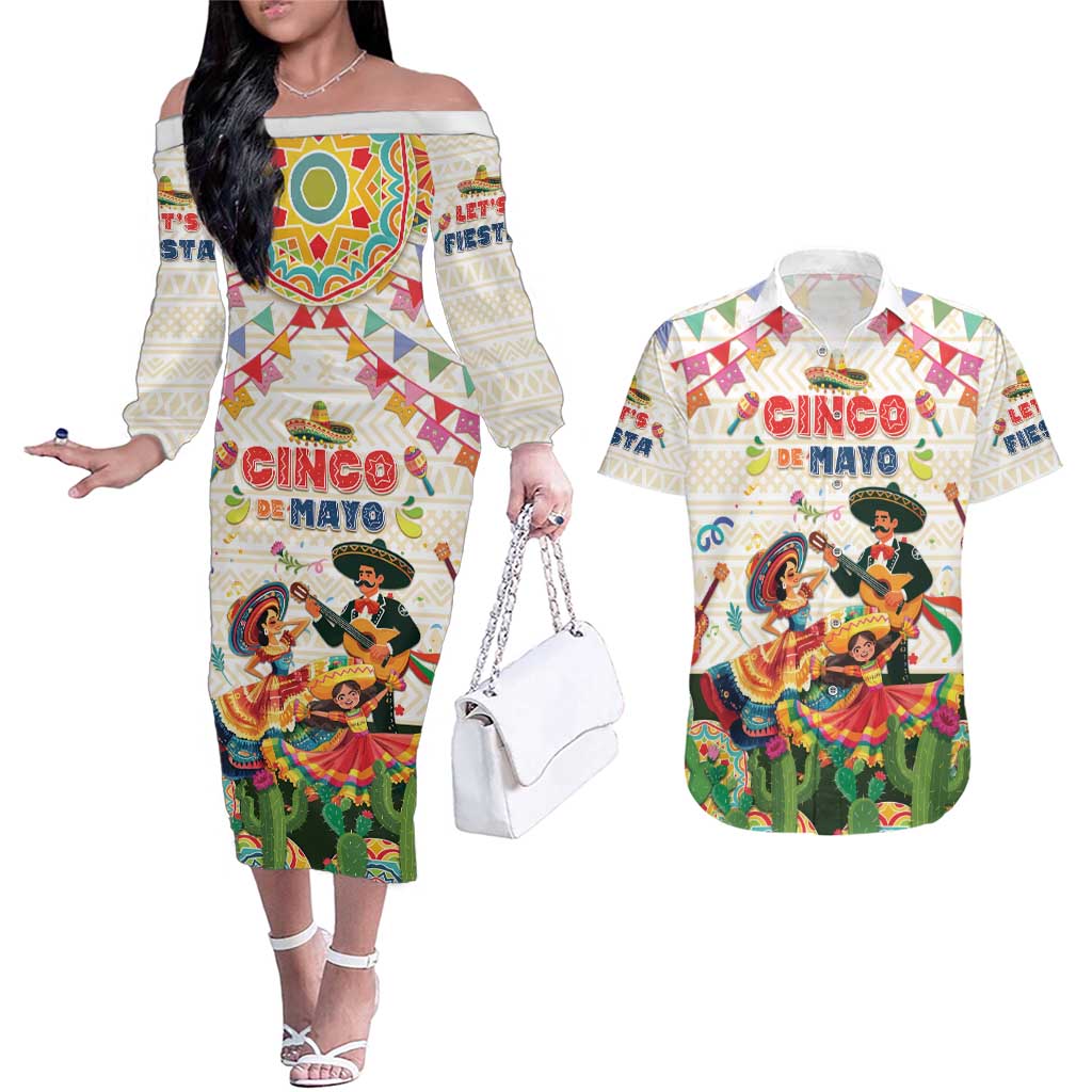 Mexico Cinco De Mayo Couples Matching Off The Shoulder Long Sleeve Dress and Hawaiian Shirt Dancing Mexican