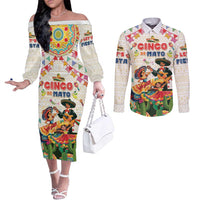 Mexico Cinco De Mayo Couples Matching Off The Shoulder Long Sleeve Dress and Long Sleeve Button Shirt Dancing Mexican