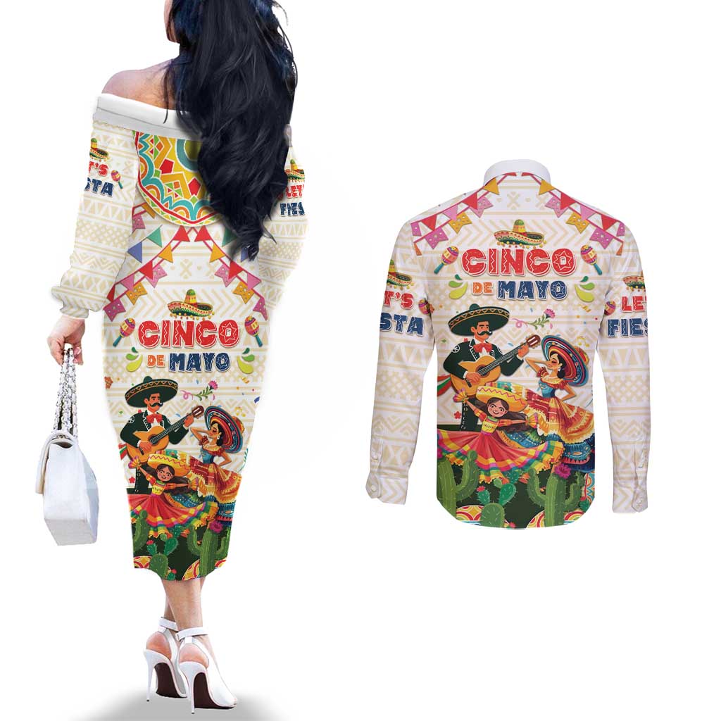Mexico Cinco De Mayo Couples Matching Off The Shoulder Long Sleeve Dress and Long Sleeve Button Shirt Dancing Mexican