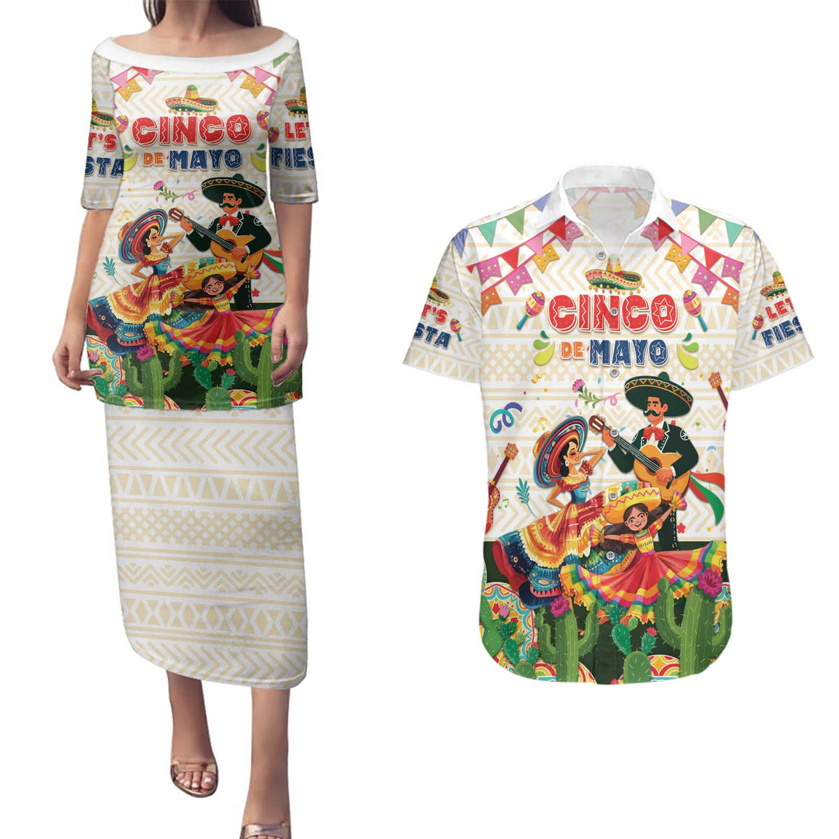 Mexico Cinco De Mayo Couples Matching Puletasi and Hawaiian Shirt Dancing Mexican