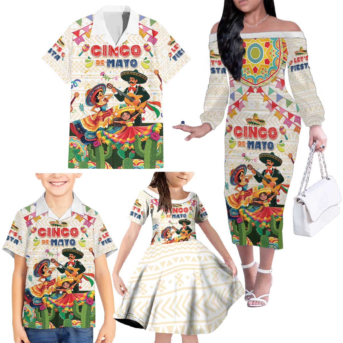Mexico Cinco De Mayo Family Matching Off The Shoulder Long Sleeve Dress and Hawaiian Shirt Dancing Mexican