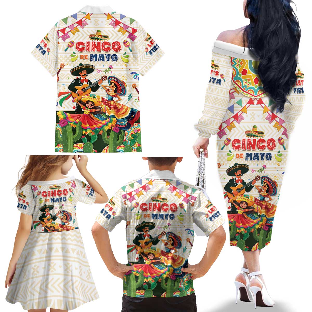 Mexico Cinco De Mayo Family Matching Off The Shoulder Long Sleeve Dress and Hawaiian Shirt Dancing Mexican