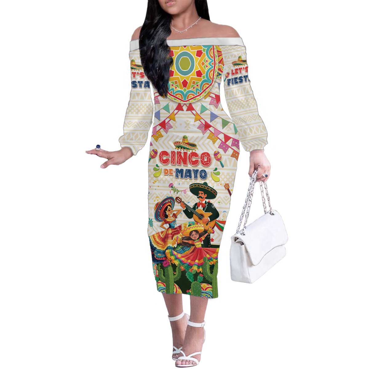 Mexico Cinco De Mayo Family Matching Off The Shoulder Long Sleeve Dress and Hawaiian Shirt Dancing Mexican