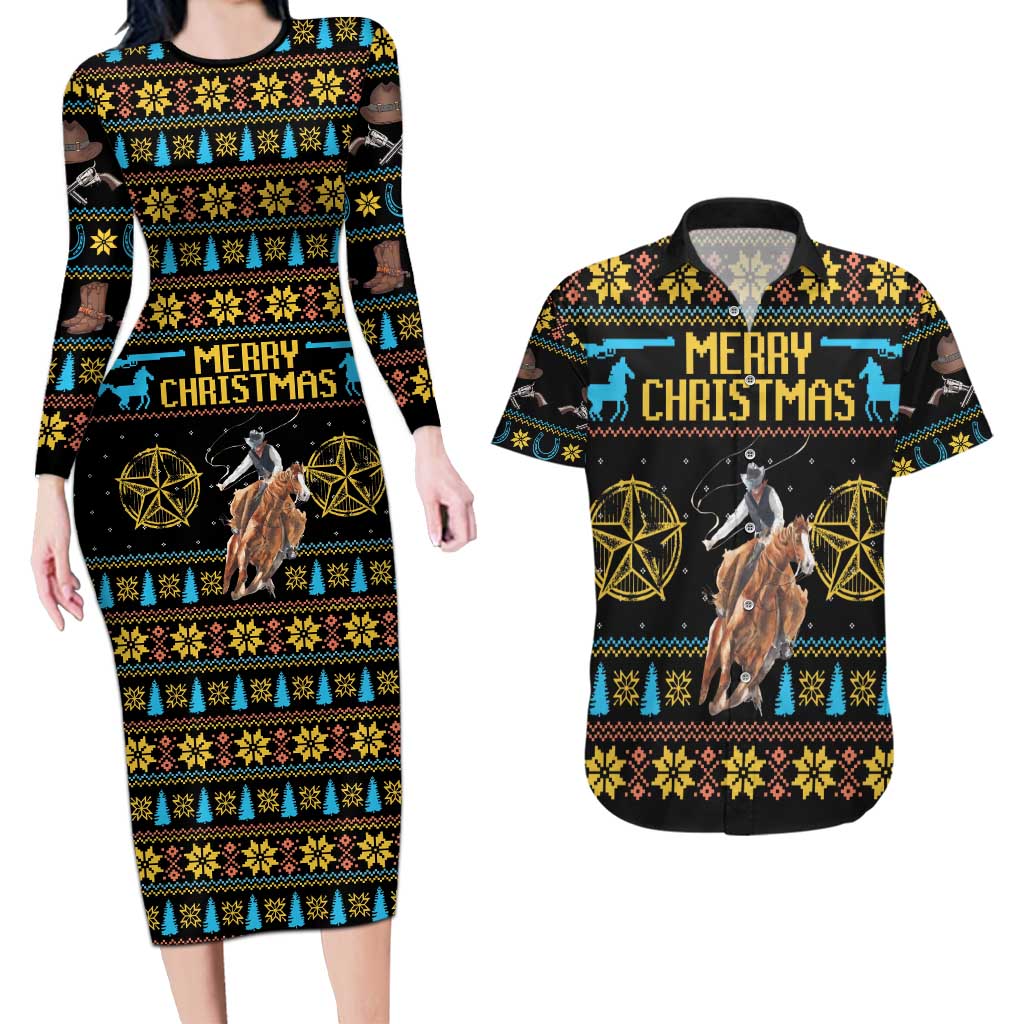 Cowboy Merry Christmas Couples Matching Long Sleeve Bodycon Dress and Hawaiian Shirt DT04 - Wonder Print Shop