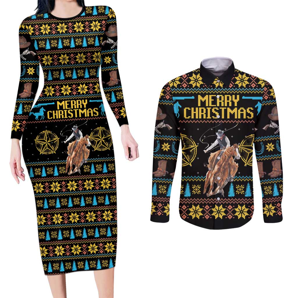 Cowboy Merry Christmas Couples Matching Long Sleeve Bodycon Dress and Long Sleeve Button Shirt DT04 - Wonder Print Shop