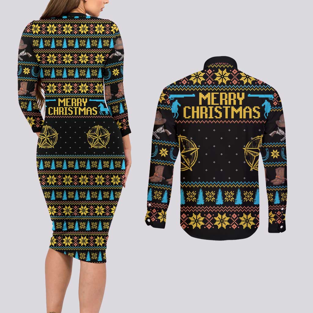 Cowboy Merry Christmas Couples Matching Long Sleeve Bodycon Dress and Long Sleeve Button Shirt DT04 - Wonder Print Shop