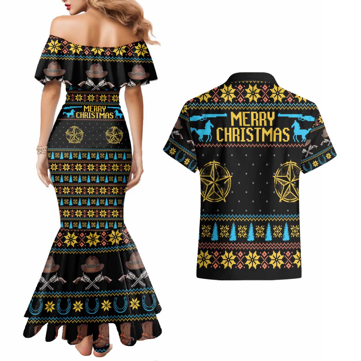 Cowboy Merry Christmas Couples Matching Mermaid Dress and Hawaiian Shirt DT04 - Wonder Print Shop