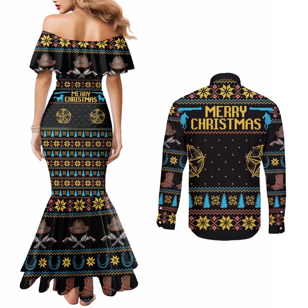 Cowboy Merry Christmas Couples Matching Mermaid Dress and Long Sleeve Button Shirt