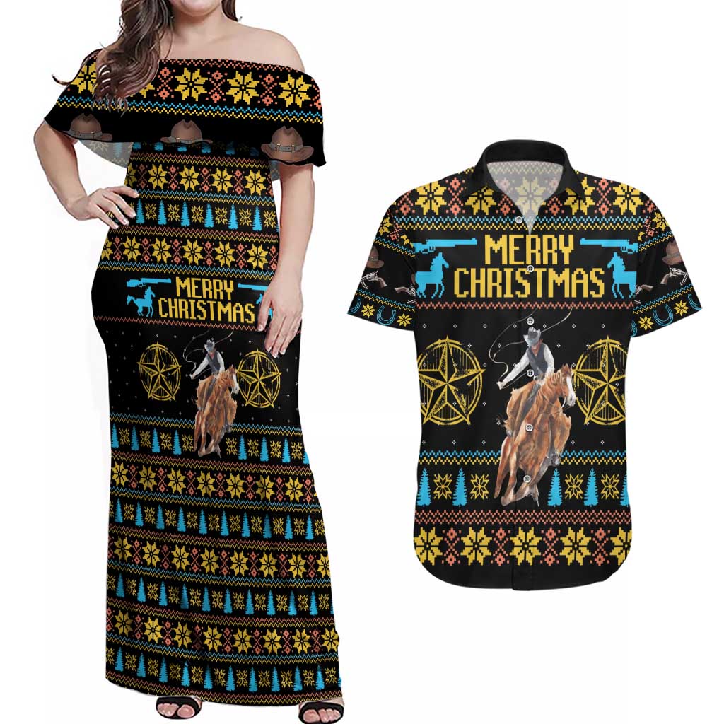 Cowboy Merry Christmas Couples Matching Off Shoulder Maxi Dress and Hawaiian Shirt DT04 - Wonder Print Shop