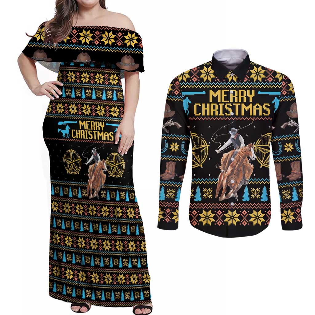 Cowboy Merry Christmas Couples Matching Off Shoulder Maxi Dress and Long Sleeve Button Shirt DT04 - Wonder Print Shop