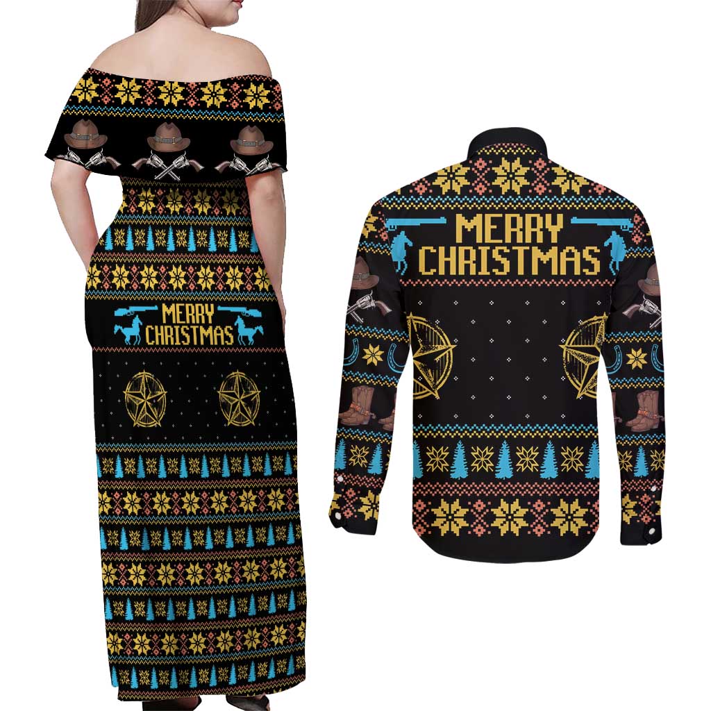 Cowboy Merry Christmas Couples Matching Off Shoulder Maxi Dress and Long Sleeve Button Shirt DT04 - Wonder Print Shop