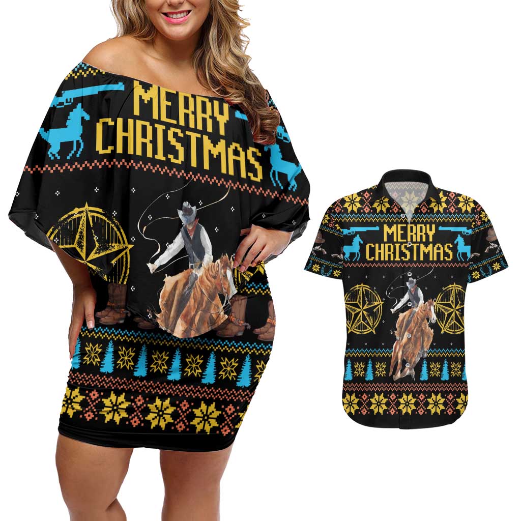 Cowboy Merry Christmas Couples Matching Off Shoulder Short Dress and Hawaiian Shirt DT04 - Wonder Print Shop