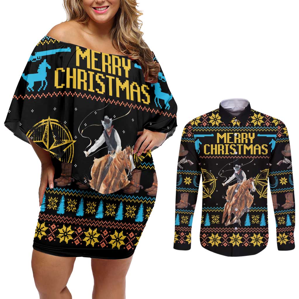 Cowboy Merry Christmas Couples Matching Off Shoulder Short Dress and Long Sleeve Button Shirt DT04 - Wonder Print Shop