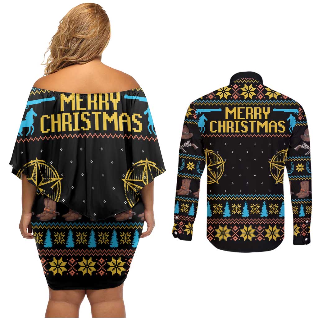 Cowboy Merry Christmas Couples Matching Off Shoulder Short Dress and Long Sleeve Button Shirt DT04 - Wonder Print Shop