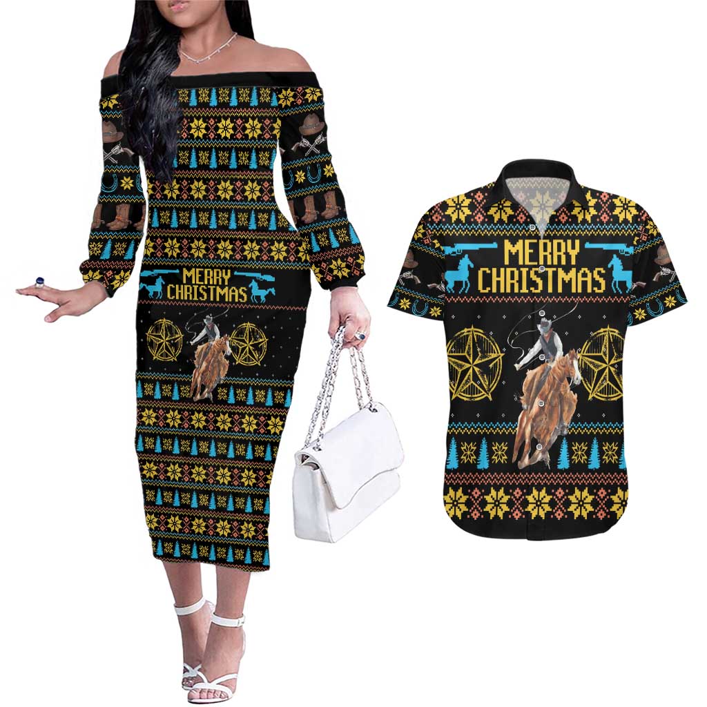Cowboy Merry Christmas Couples Matching Off The Shoulder Long Sleeve Dress and Hawaiian Shirt DT04 - Wonder Print Shop
