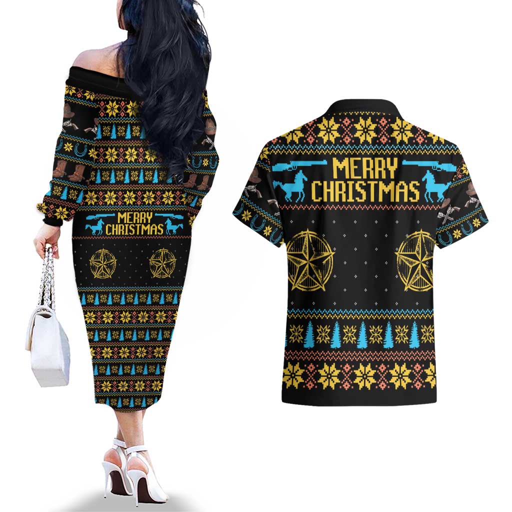 Cowboy Merry Christmas Couples Matching Off The Shoulder Long Sleeve Dress and Hawaiian Shirt DT04 - Wonder Print Shop