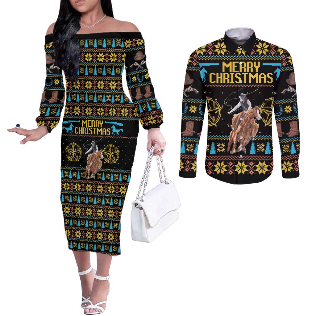 Cowboy Merry Christmas Couples Matching Off The Shoulder Long Sleeve Dress and Long Sleeve Button Shirt