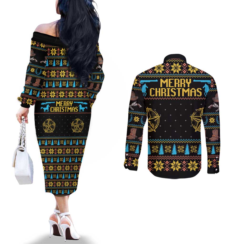 Cowboy Merry Christmas Couples Matching Off The Shoulder Long Sleeve Dress and Long Sleeve Button Shirt