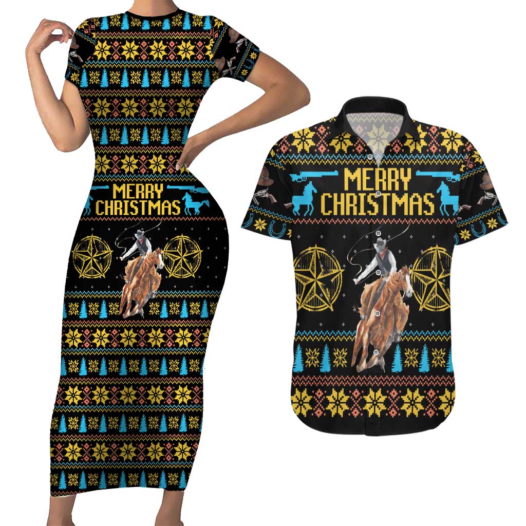 Cowboy Merry Christmas Couples Matching Short Sleeve Bodycon Dress and Hawaiian Shirt DT04 - Wonder Print Shop