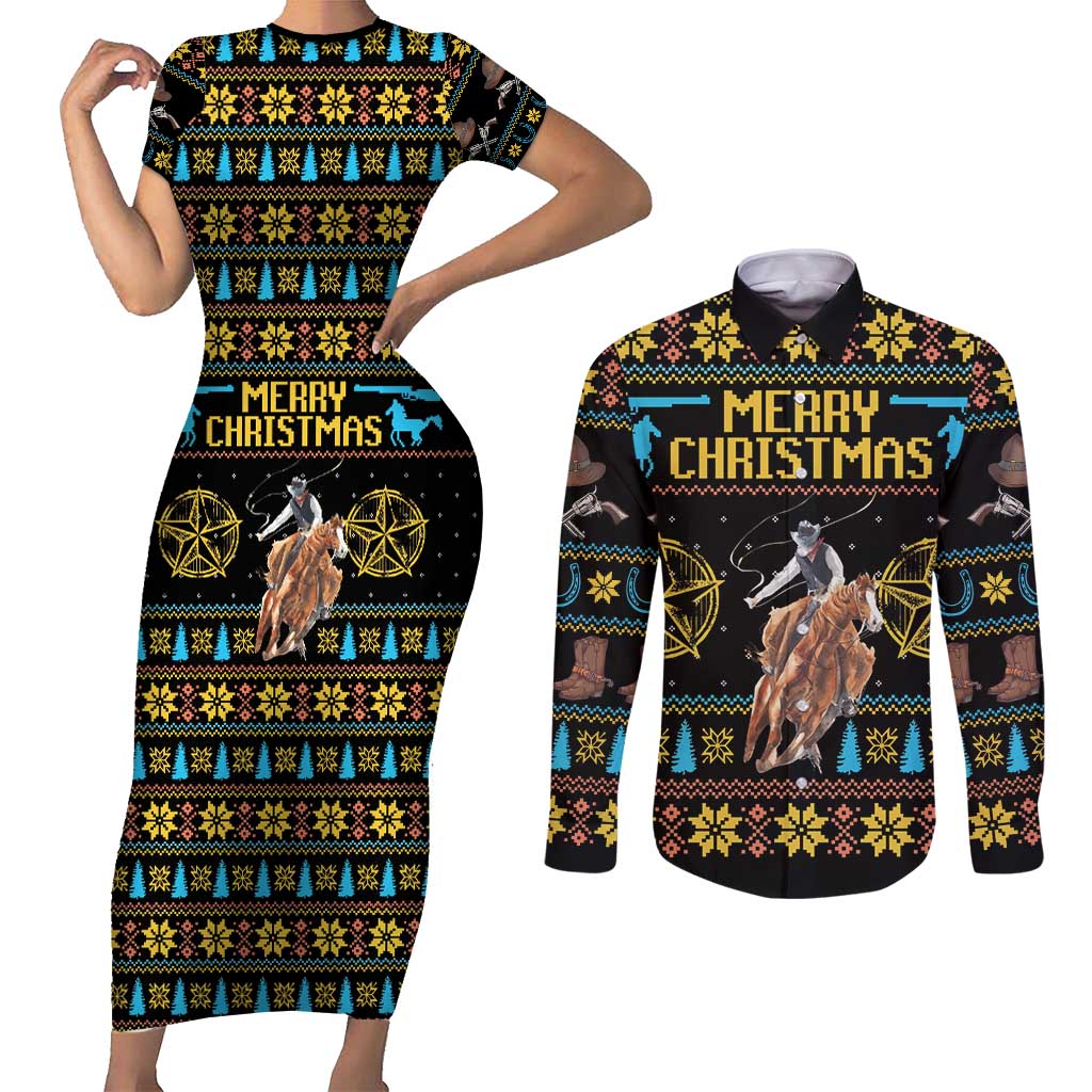 Cowboy Merry Christmas Couples Matching Short Sleeve Bodycon Dress and Long Sleeve Button Shirt DT04 - Wonder Print Shop